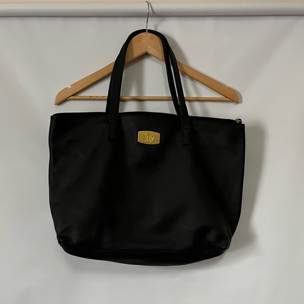 Joy Mangano Black Leather Shoulder Handbag Tote Gold Tone Hardware Inner Wallet